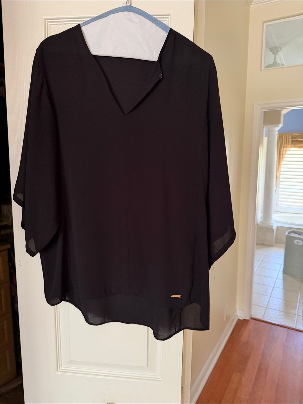 T Tahari Black Asymmetrical Draped Blouse Size S